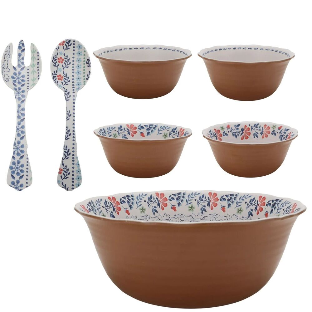 Pioneer Woman Hattie 7-Pc Set Floral Melamine Salad Bowls Utensil Kitchen Party